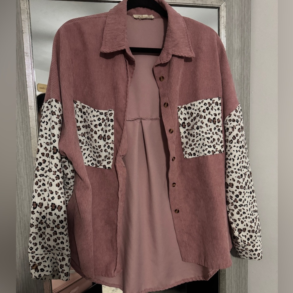 Pink Corduroy Shirt with Leopard Print Sleeves